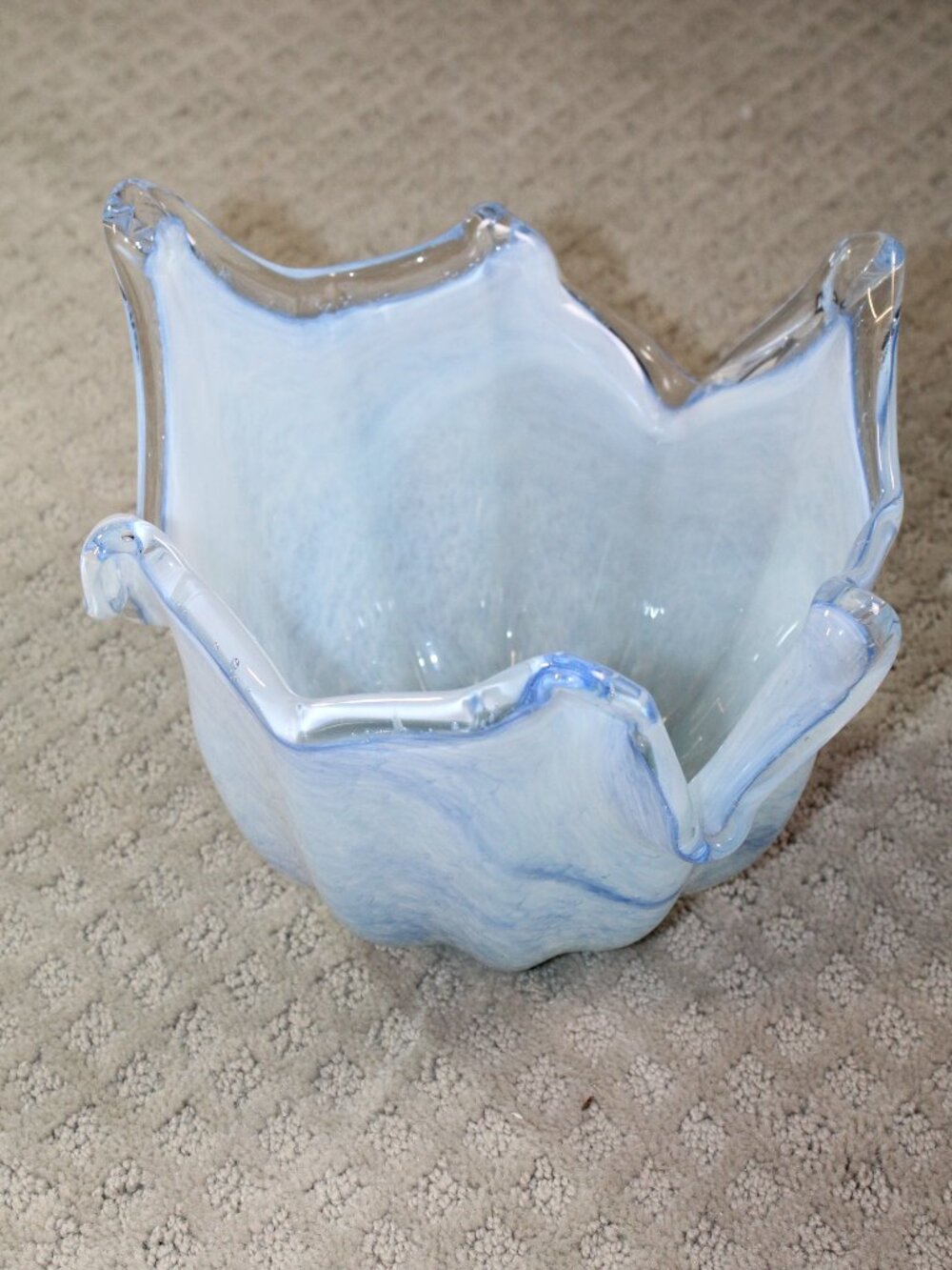 Murano Italy Hand Blown Art Glass Light Blue Swirl Dish Bowl 8"x9.5" Flower-Like